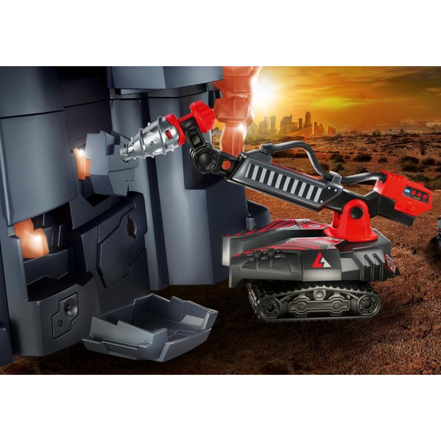 Toy construction vehicle drilling into a dark structure. Red and black colors, a city skyline in the background.