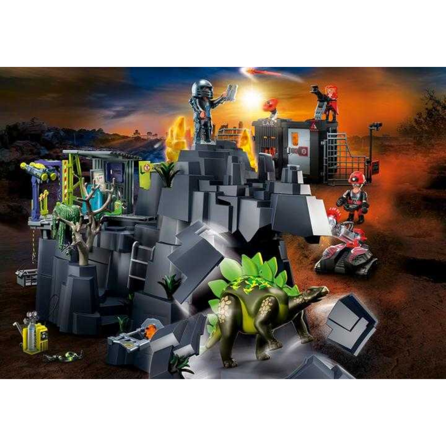 A dinosaur toy in a rocky landscape, with figures on structures and a vehicle. The sky is orange and dark.