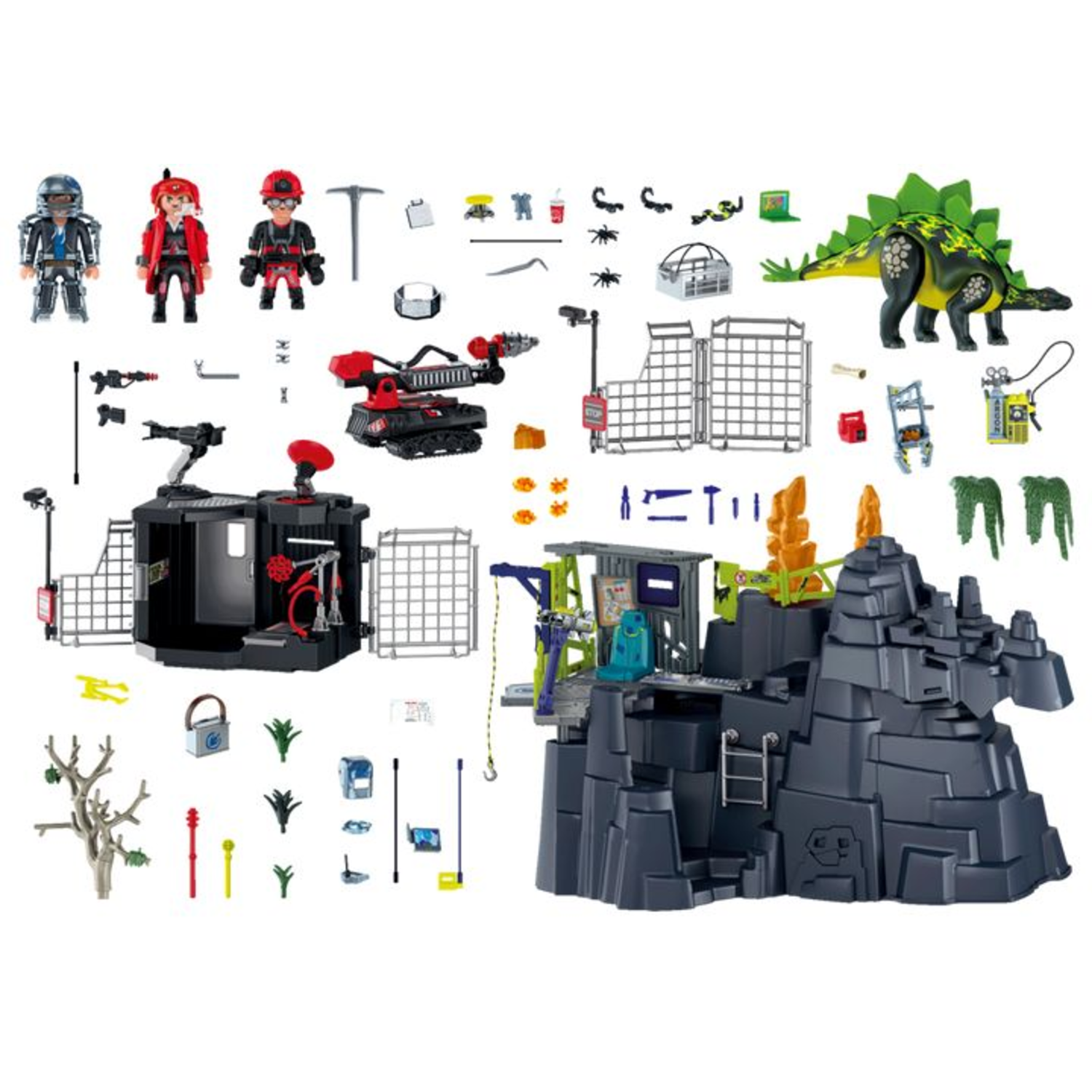 A dinosaur toy set. Includes figures, structures, tools, and a stegosaurus. Colors include black, green, red, and grey.