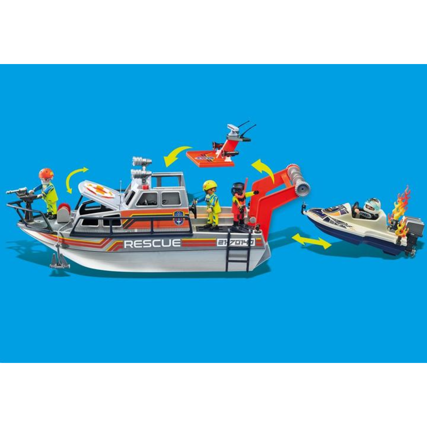 Een speelgoedreddingsboot met figuren, een rode kraan en een kleine boot met vlammen. De achtergrond is blauw.