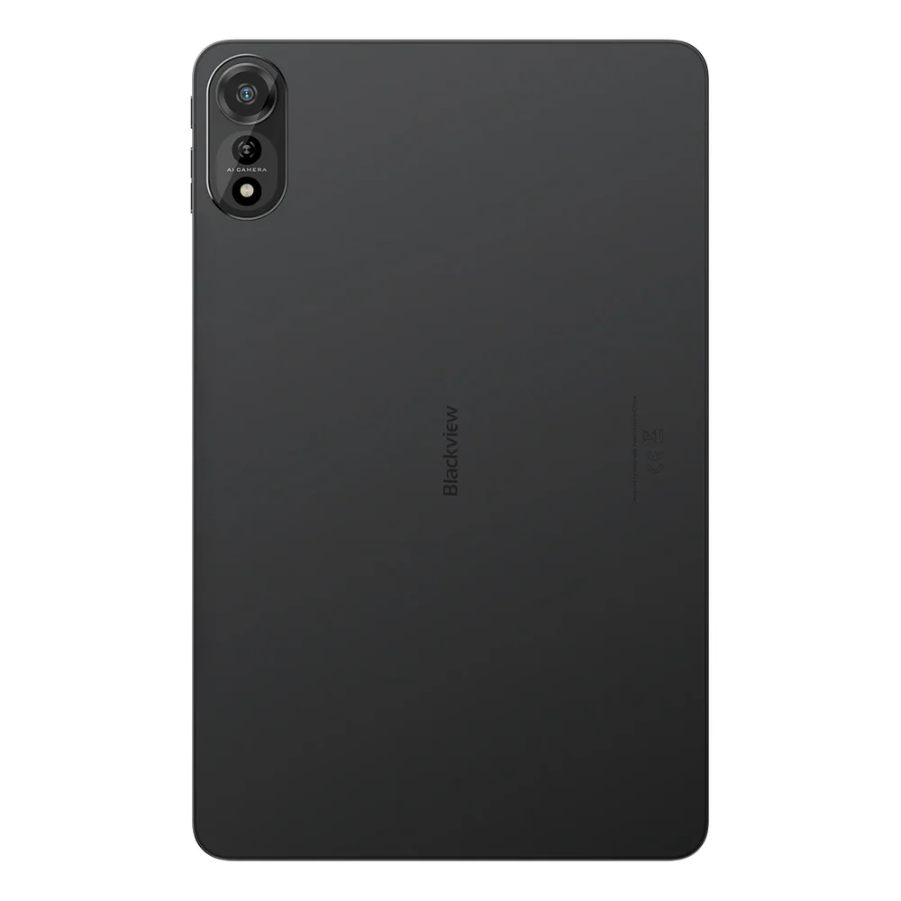 Fekete tablet hátlapja kameradudorral. Blackview logó. Sötétszürke szín. Lekerekített sarkok. Kamera modul bal felül.