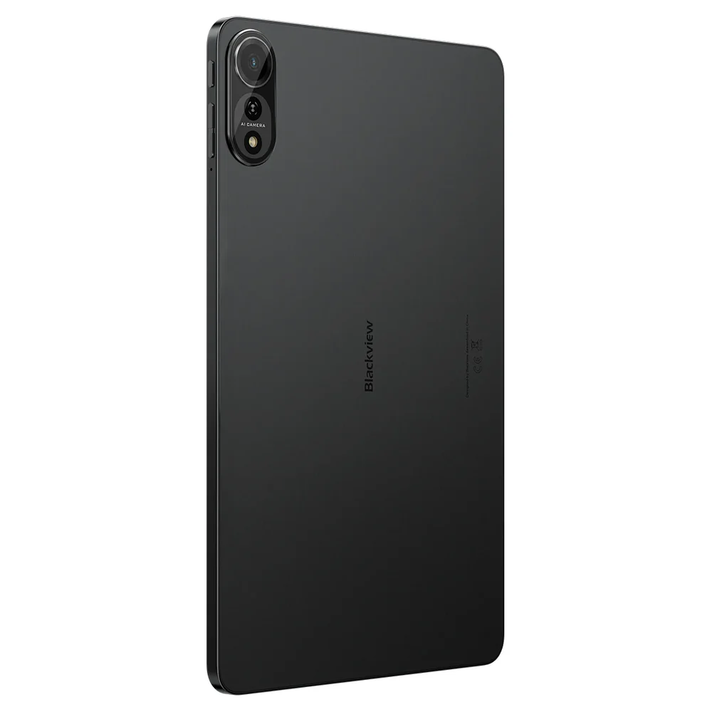 Fekete tablet, fekete kamerák bal felső sarokban, Blackview logó, fekete szín, fehér háttér.