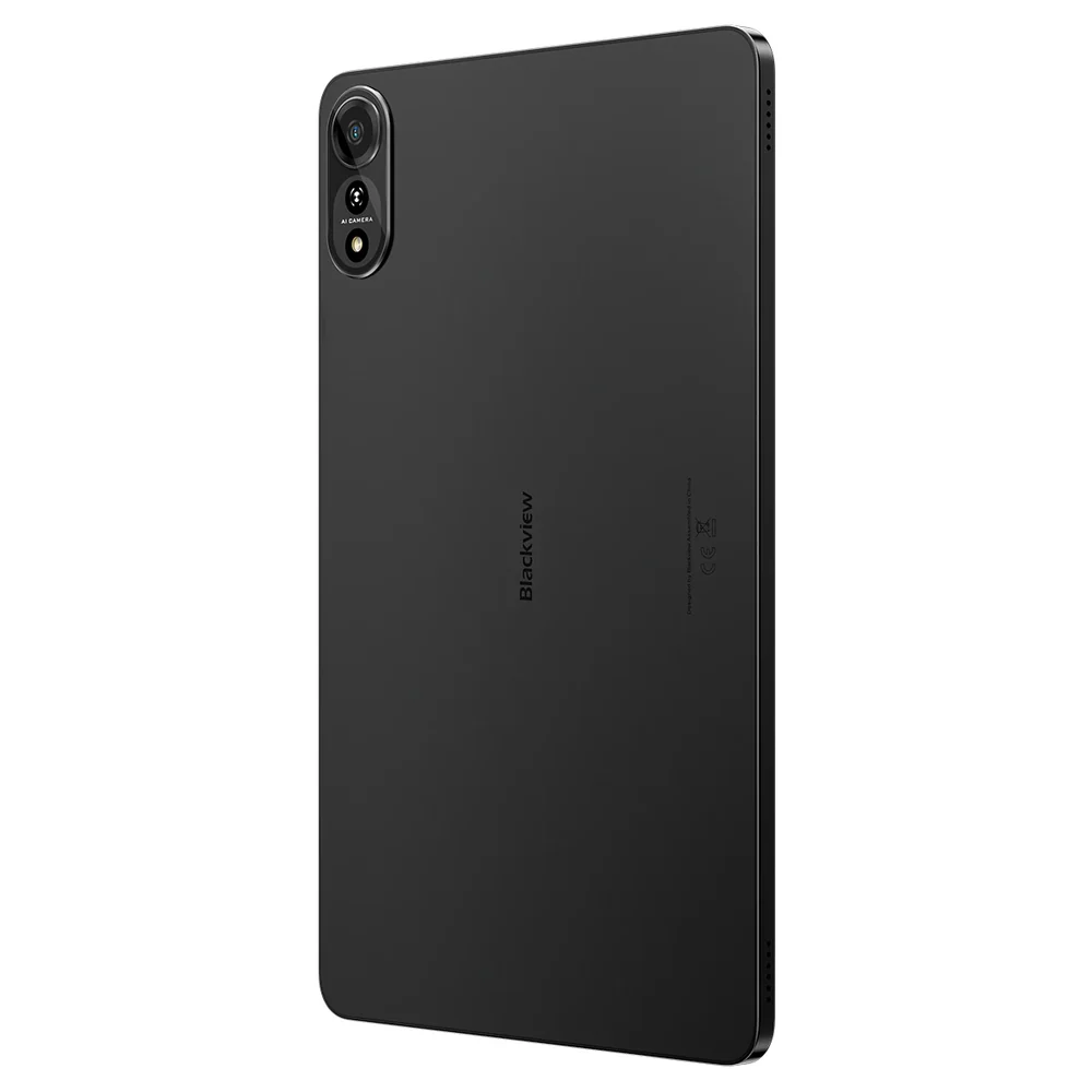 Fekete tablet, fekete test, kamera. A hátoldalon a Blackview logó látható. A tablet fekete kerettel rendelkezik.