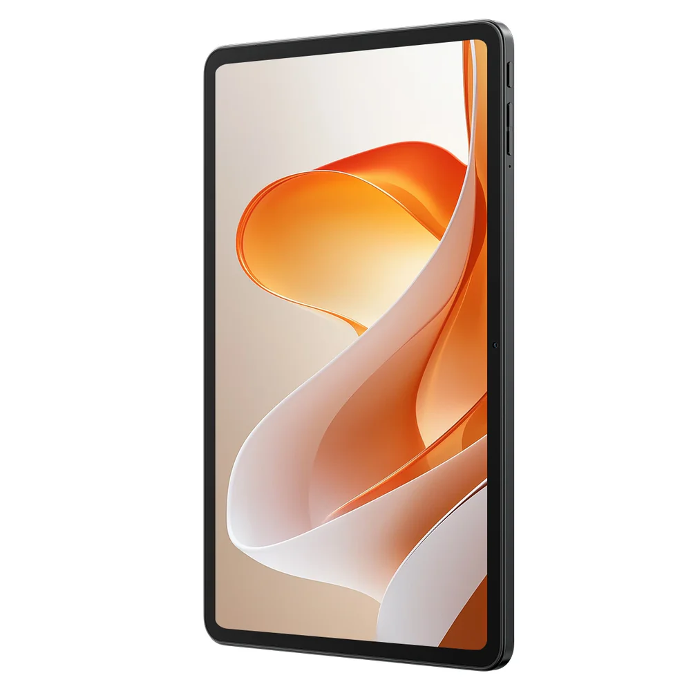 Egy fekete tablet egy absztrakt narancs és fehér dizájnt jelenít meg. A tablet szögben van, a gombokkal ellátott oldalt mutatva.