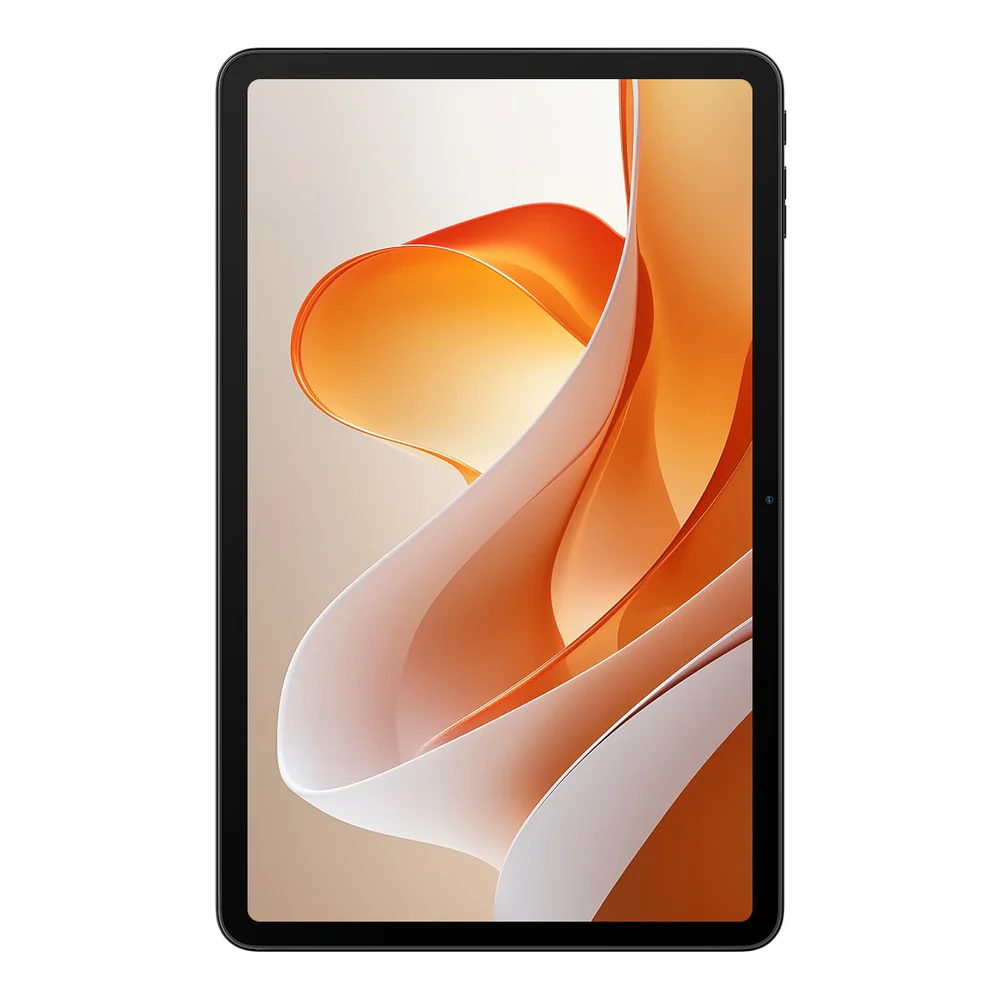 Egy fekete tablet narancs-fehér absztrakt dizájnt jelenít meg. A háttér világosbarna színátmenet.
