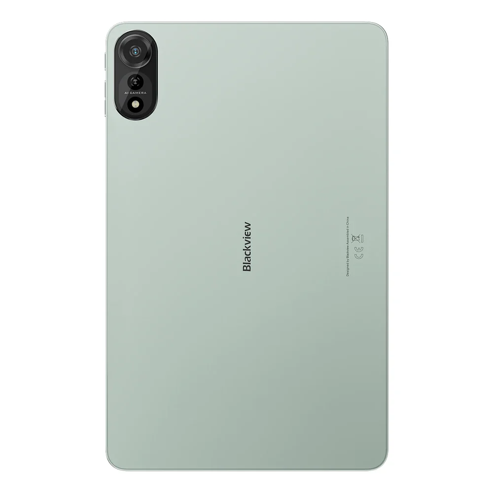 Egy világoszöld Blackview tablet hátulja. Van rajta egy kamera és a márkanév. A dizájn letisztult és modern.