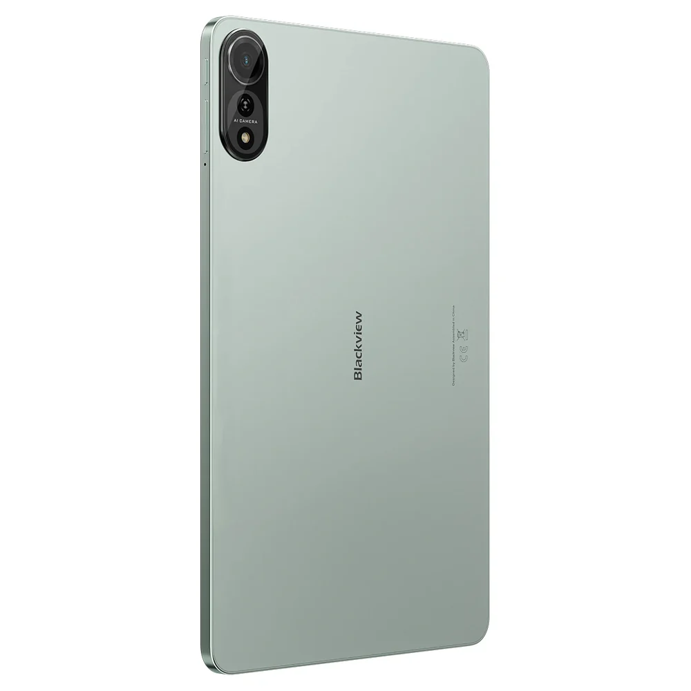 Egy világoszöld Blackview tablet. A bal felső sarokban egy kameramodul, és a márkanév látható.