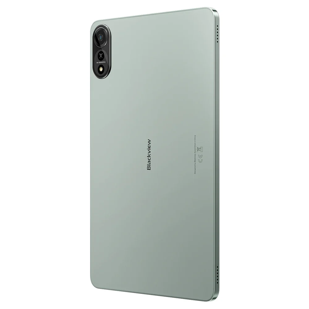 Egy világoszöld Blackview tablet. Van rajta egy kamera bal felül, egy Blackview logó és szöveg a jobb oldalon.