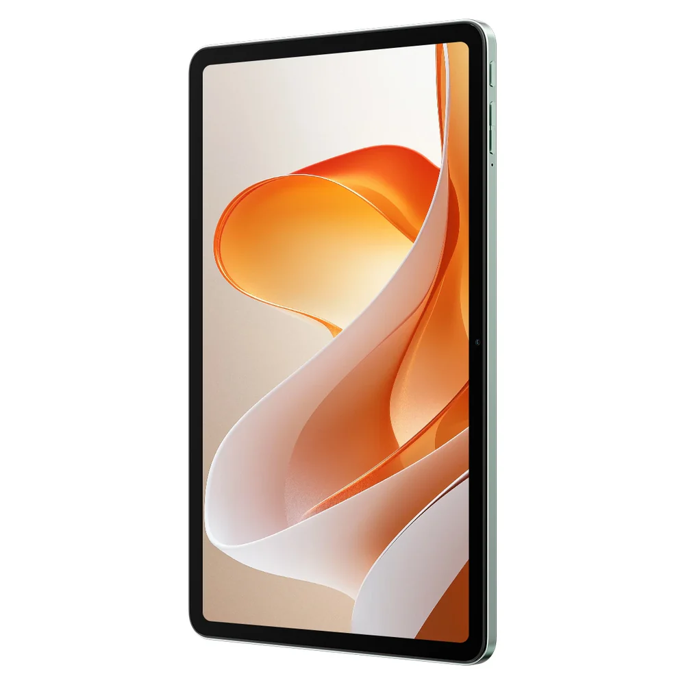 Zöld keretes tablet. A képernyő egy absztrakt narancs-fehér dizájnt jelenít meg világos háttéren.