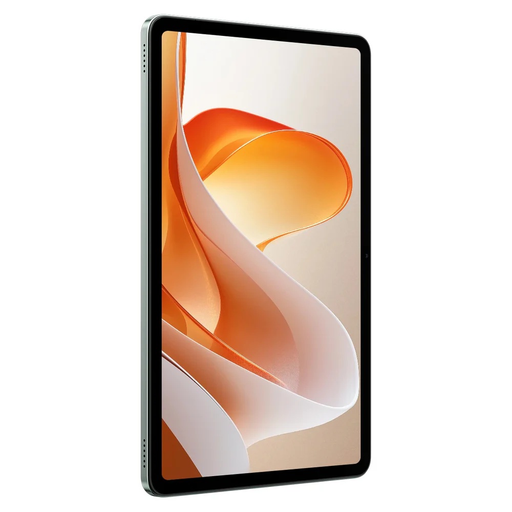 Egy zöld keretes tablet. A képernyő narancssárga és fehér absztrakt formákat jelenít meg világos bézs háttéren.