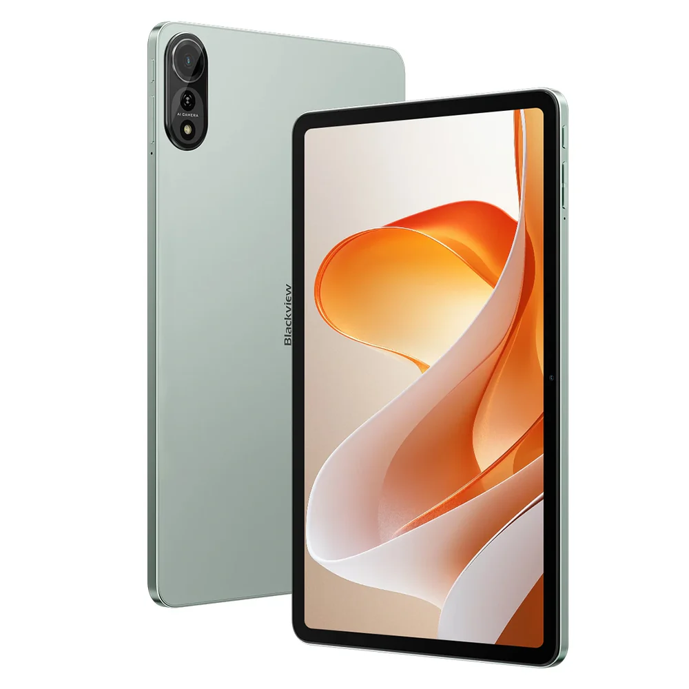 Egy menta színű tablet kamerával egy másik tablet mellett van. A képernyő egy absztrakt narancs-fehér dizájnt mutat.