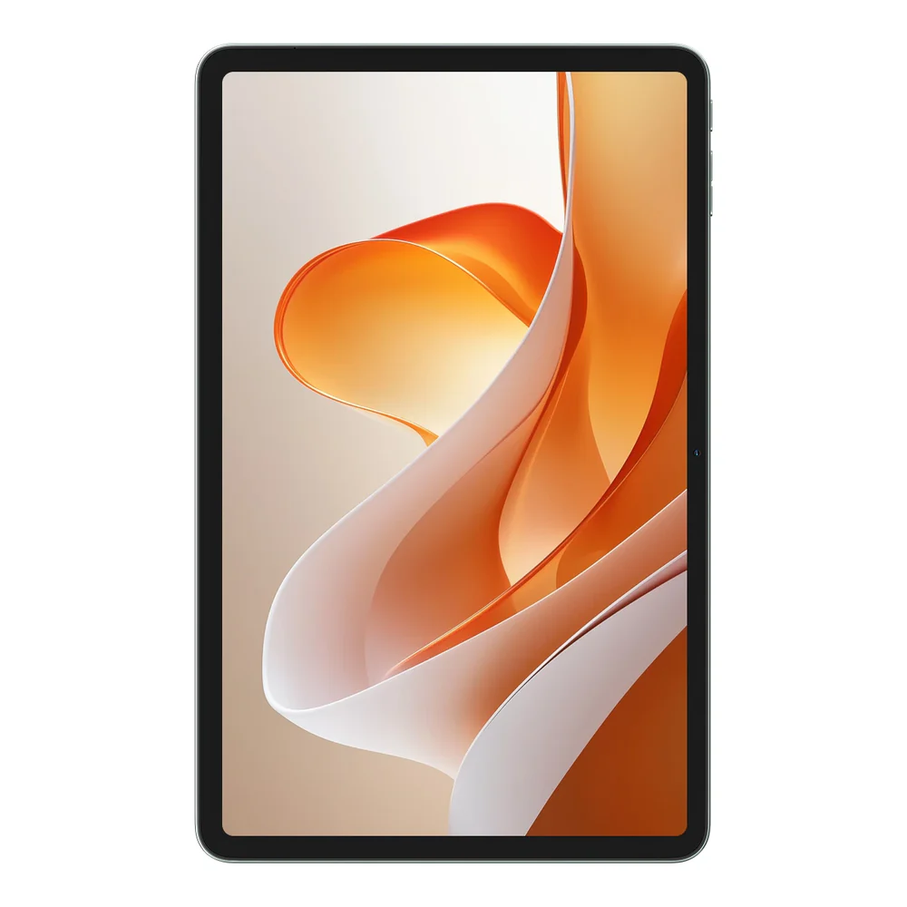 Egy tablet, amelynek képernyője egy absztrakt dizájnt jelenít meg, amely örvénylő narancssárga és fehér formákból áll bézs háttéren.