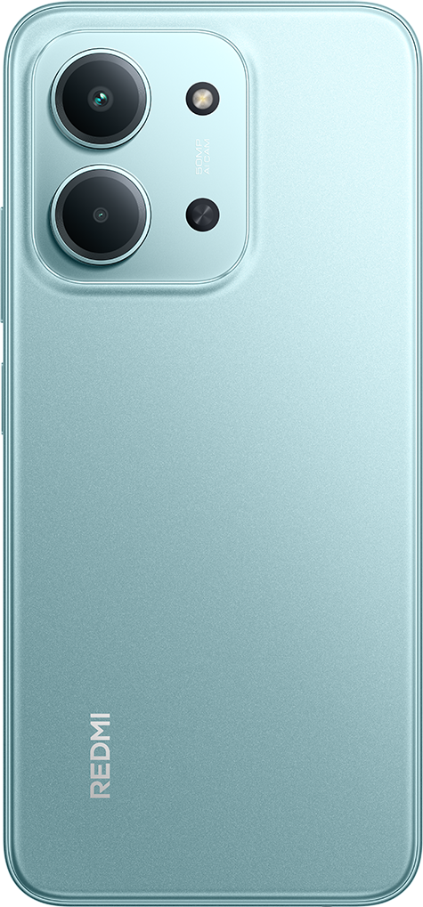 Menta színű okostelefon hátlapja. Felül kamerák és vaku. A Redmi logó alul. A telefon elegáns kialakítású.