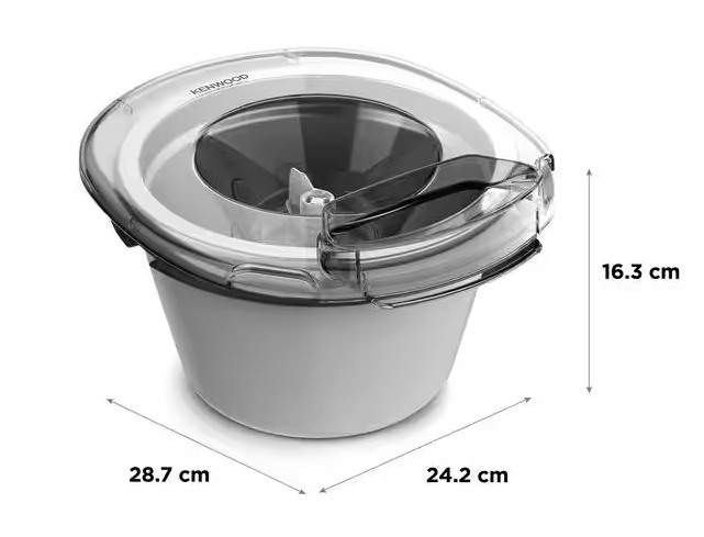 Maszyna do lodów Kenwood. Ma przezroczystą pokrywę, białą podstawę i wymiary: 28,7 cm x 24,2 cm x 16,3 cm.