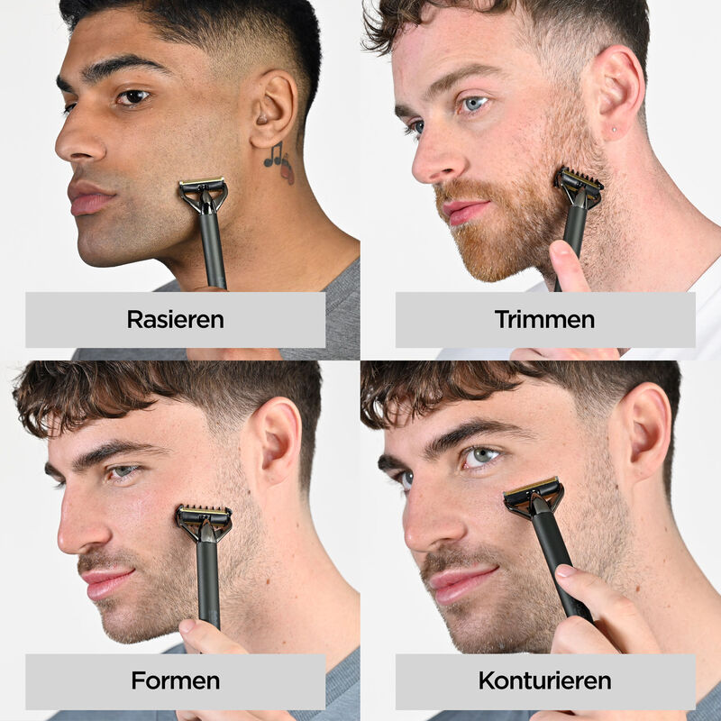Vier Männer rasieren sich mit einem schwarzen Rasierer und demonstrieren die Schritte: Rasieren, Trimmen, Formen und Konturieren.