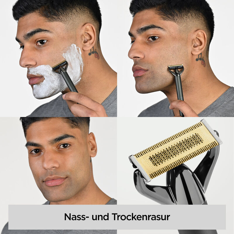 Ein Mann rasiert sein Gesicht mit einem Rasierer. Bilder zeigen Rasieren mit Schaum, ohne Schaum und eine Nahaufnahme der Rasierklinge.