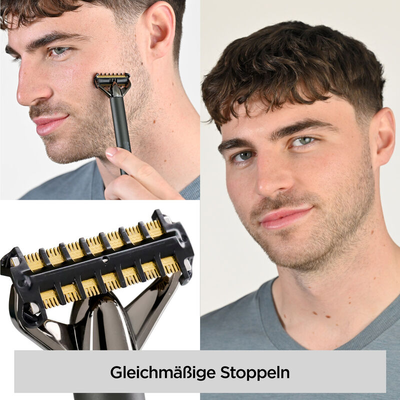 Ein Mann rasiert sein Gesicht mit einem Rasierer. Nahaufnahme des Rasiererkopfes. Der Mann lächelt in die Kamera. Text: Gleichmäßige Stoppeln.