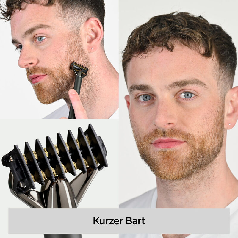 Ein Mann rasiert seinen Bart mit einem Trimmer. Das Bild zeigt Nahaufnahmen des Mannes und des Trimmers mit dem Wort 'Kurzer Bart' darunter.
