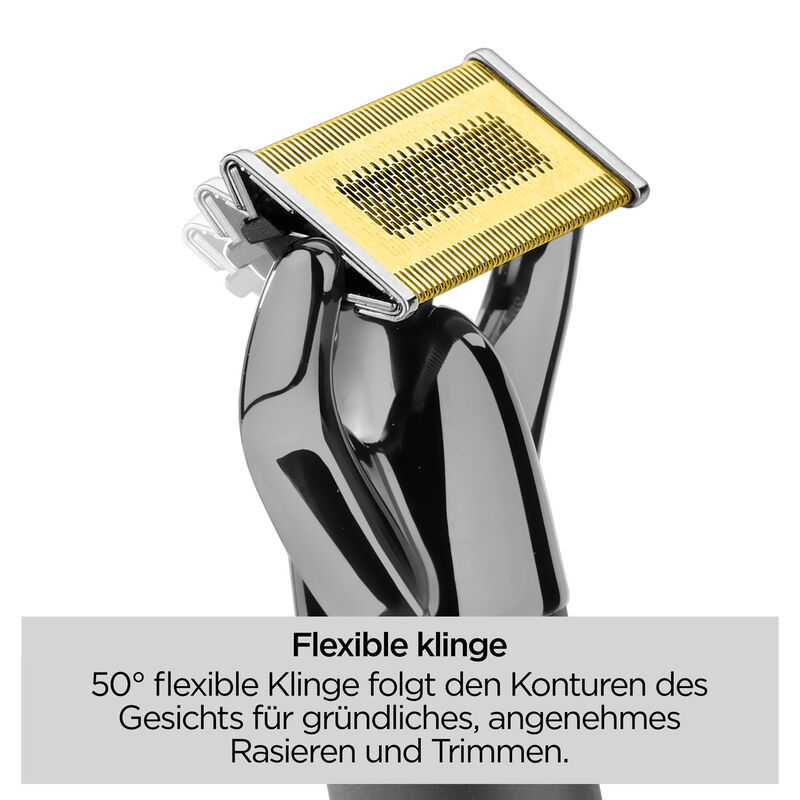 Nahaufnahme eines metallischen Rasiererkopfes mit goldenem Netz. Der Rasierer wird von einem chromähnlichen Griff gehalten. Text unten: Flexible Klinge.