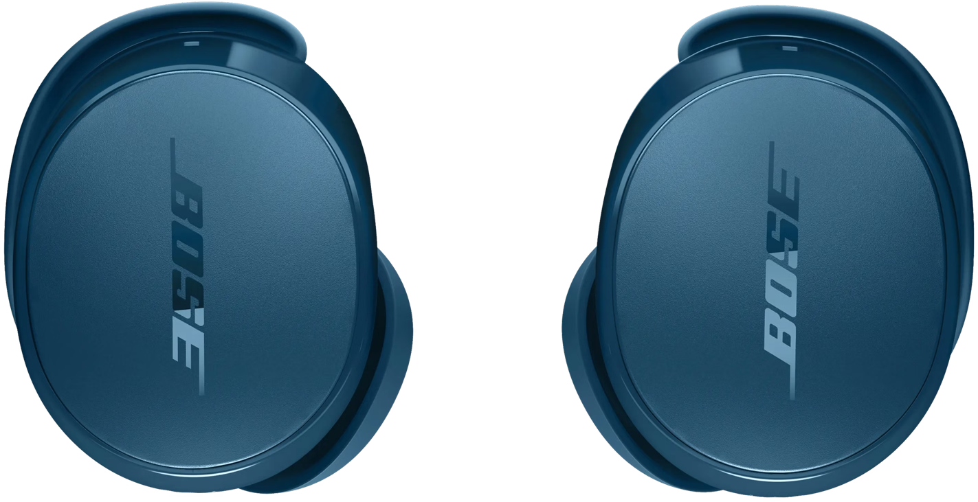 Deux écouteurs Bose bleus sur fond noir. Le logo Bose est visible sur chaque écouteur.