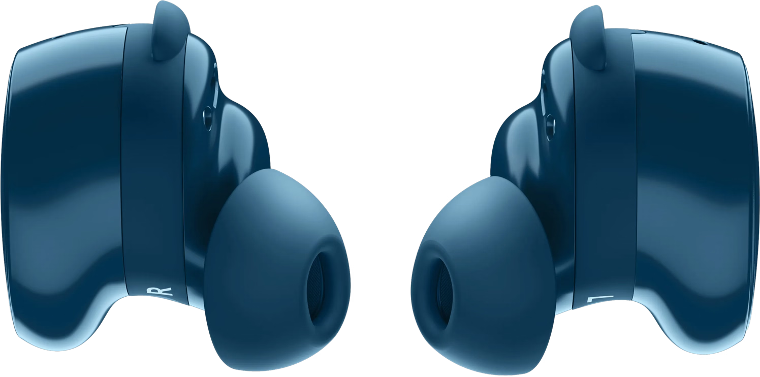 Deux écouteurs sans fil bleus, l'un marqué 'R', l'autre 'L'. Ils sont symétriques sur fond noir.
