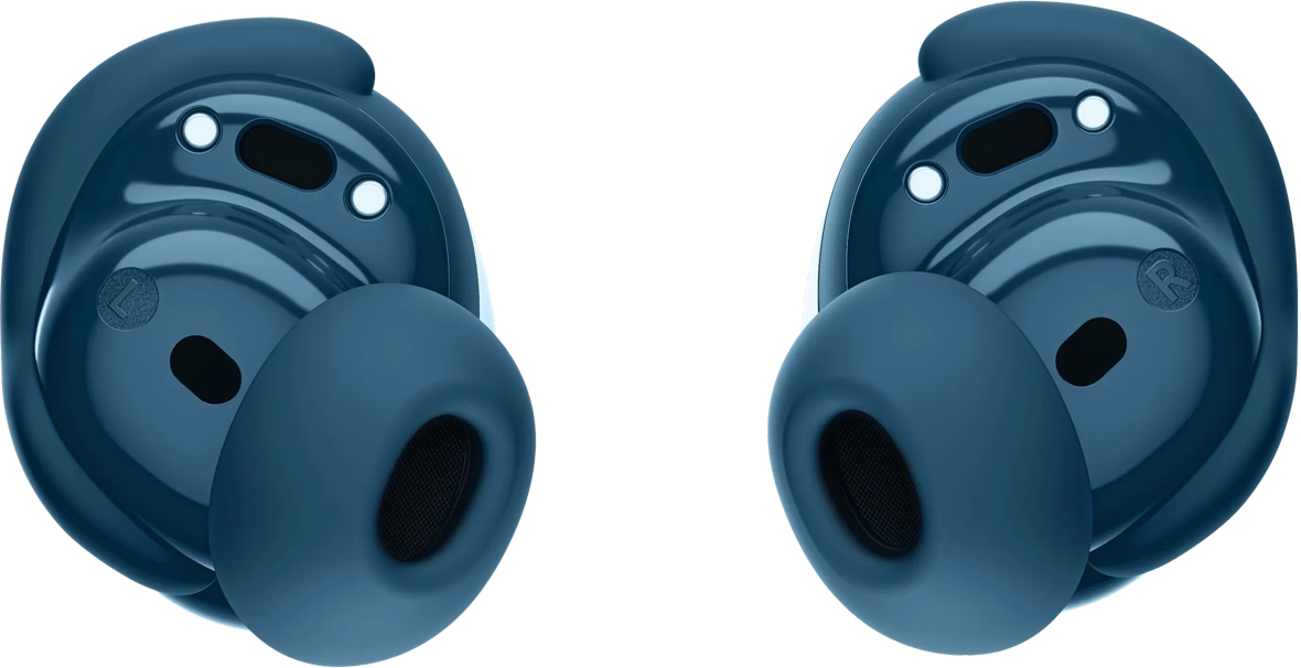 Deux écouteurs sans fil bleus. Chacun a un embout rond et un corps avec deux trous. Le fond est noir.