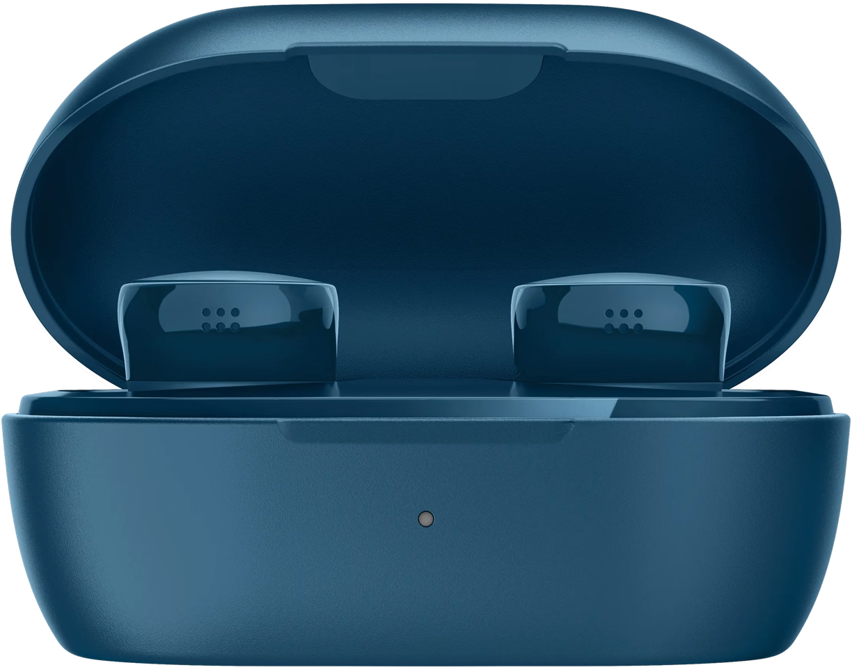 Étui d'écouteurs bleu ouvert avec deux écouteurs à l'intérieur. L'étui est ouvert, montrant les écouteurs et la zone de chargement.