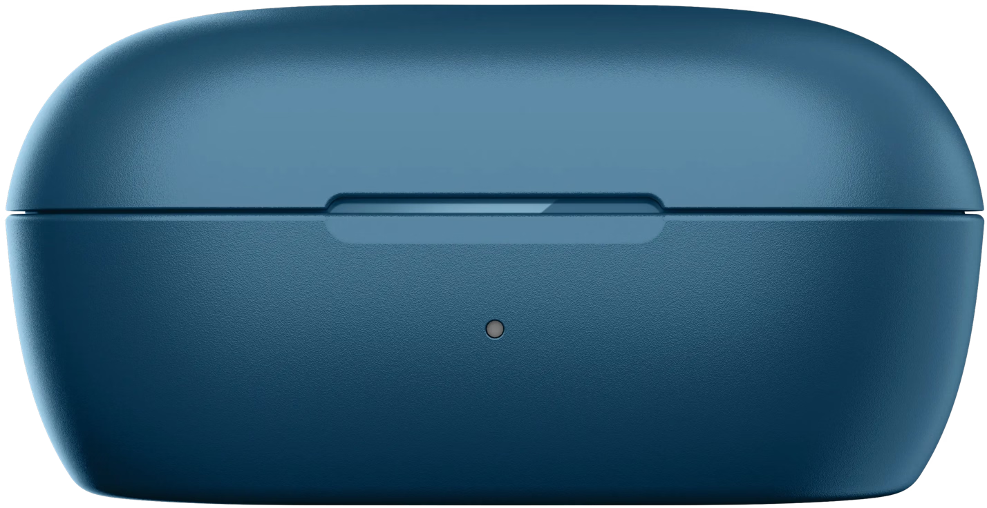 Un étui rectangulaire bleu arrondi fermé. Une fine rainure traverse le milieu. Un petit point rond argenté est présent.