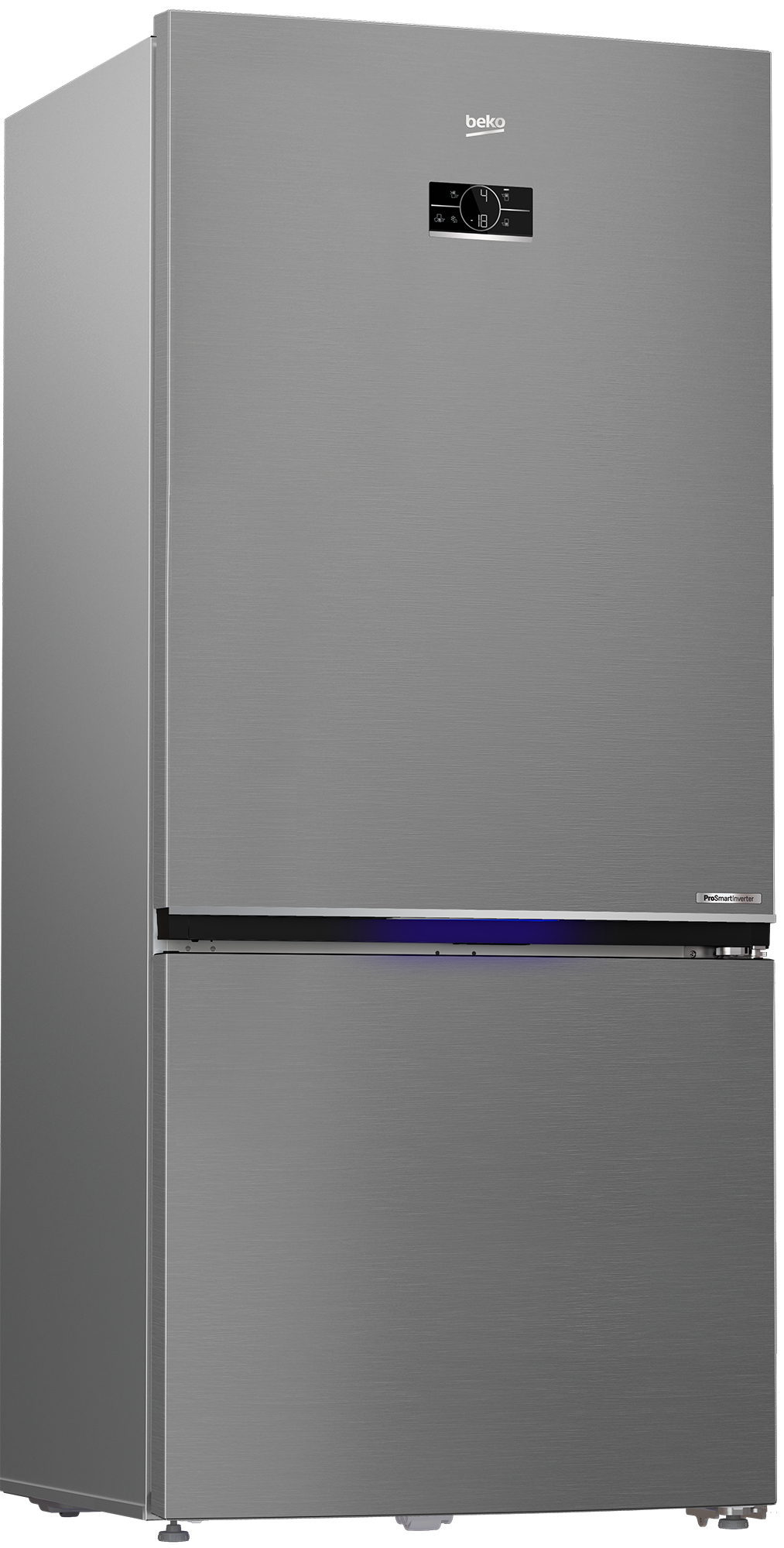 Ein Beko-Kühlschrank aus Edelstahl. Er hat ein digitales Display oben und ein Gefrierfach unten.