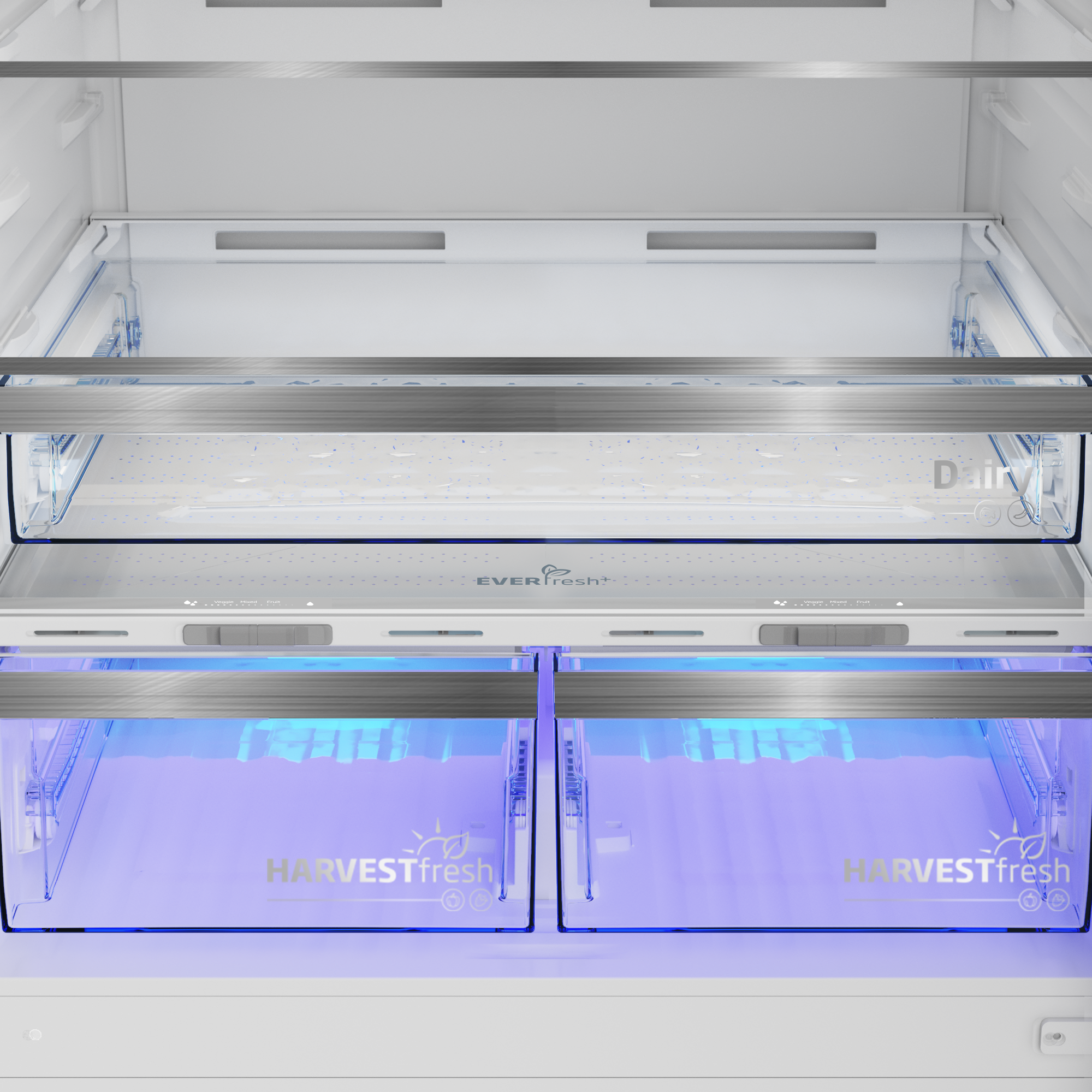 Innenraum eines Kühlschranks. Zwei Schubladen mit blauem Licht, beschriftet HarvestFresh. Obere Regale sind sichtbar. Molkereibereich ist sichtbar.