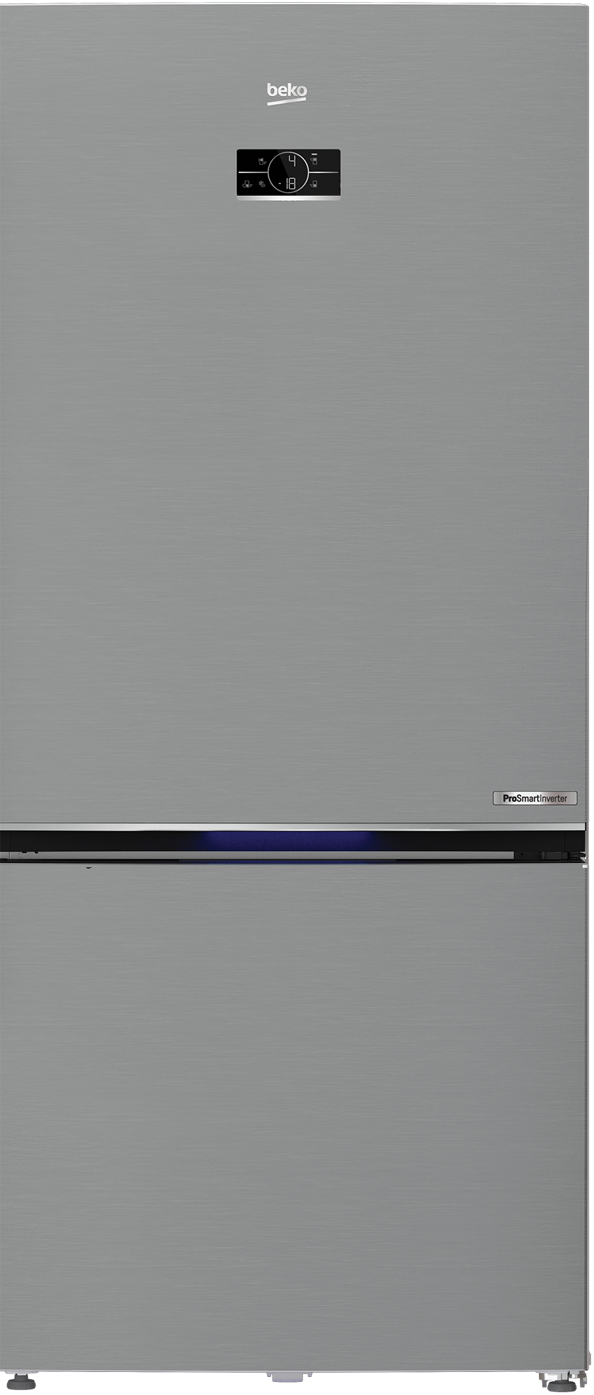Edelstahl Beko Kühlschrank. Digitalanzeige oben. Der obere Teil hat den Kühlbereich und der untere ist das Gefrierfach.