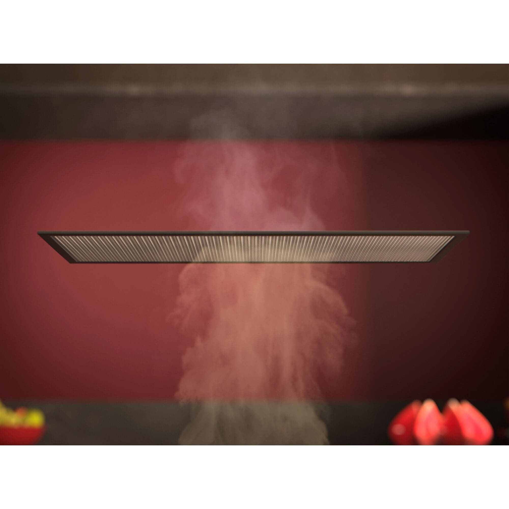 Una rejilla rectangular oscura sobre vapor ascendente. Fondo rojo. Frutas en la parte inferior.