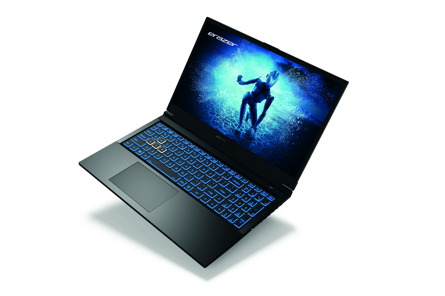 Ordenador portátil negro con teclado retroiluminado azul. La pantalla muestra una figura azul en acción. Fondo blanco.