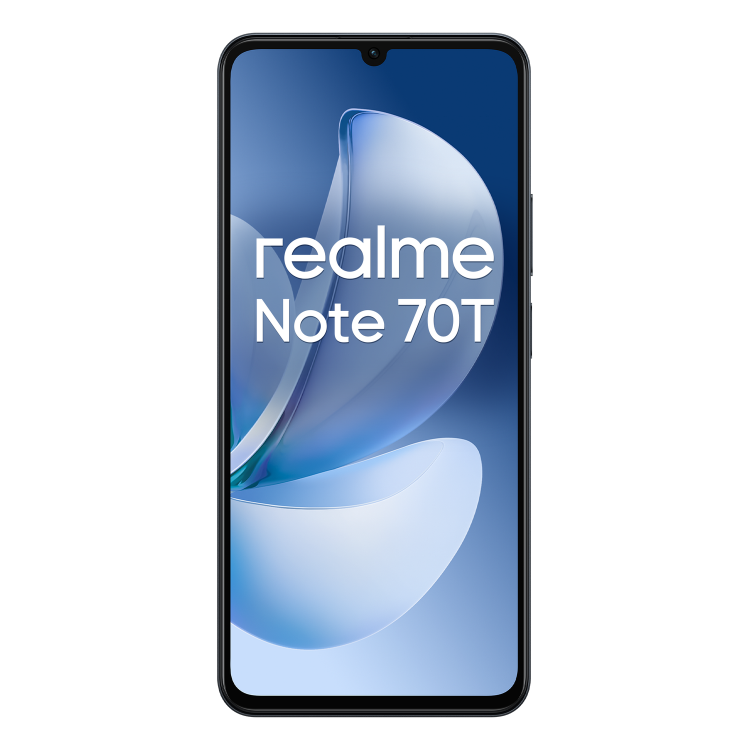Un smartphone con marco negro muestra un diseño abstracto azul y blanco. La pantalla muestra el texto 'realme Note 70T' en blanco.