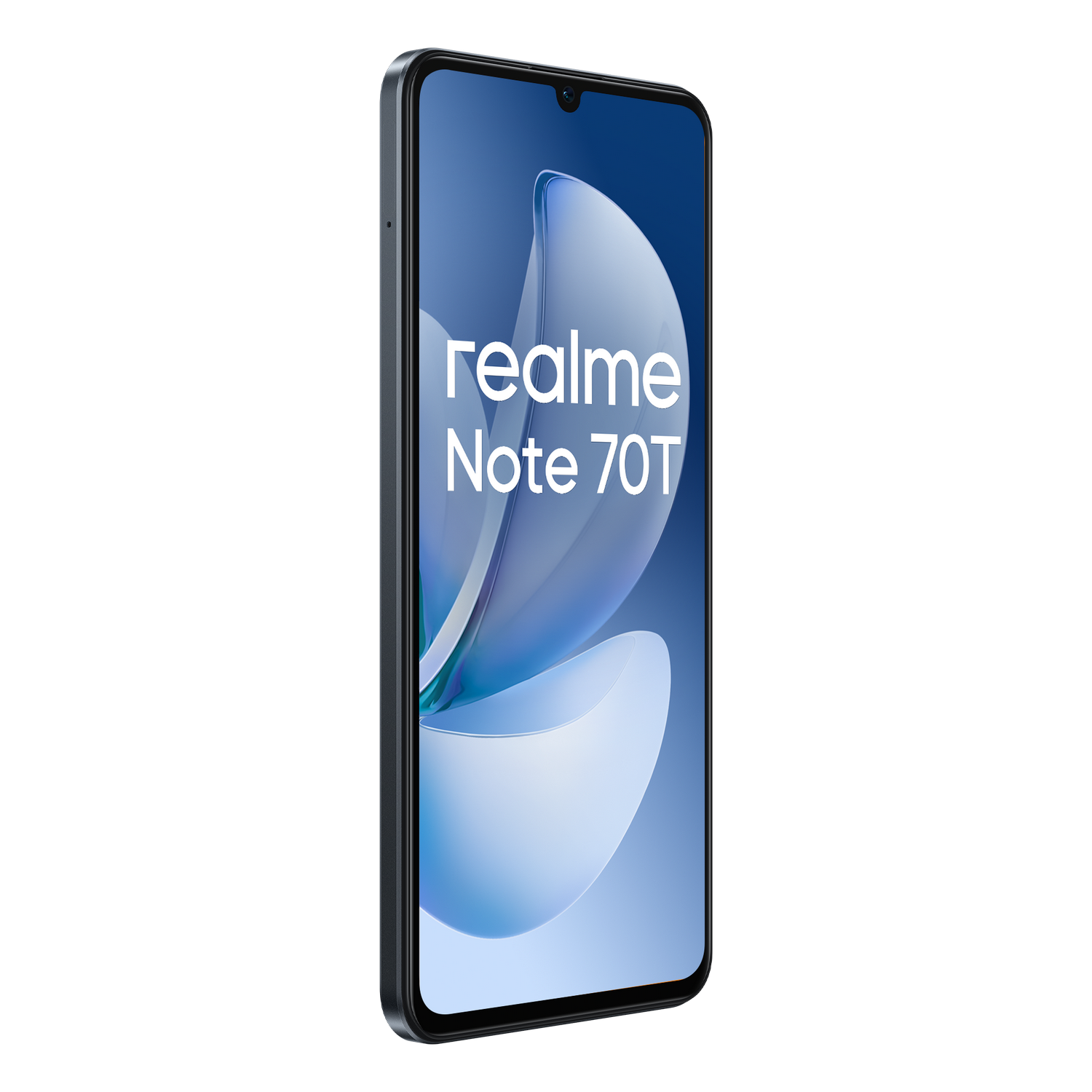 Un smartphone con pantalla azul que muestra el logo Realme Note 70T. El teléfono es negro, con fondo gris oscuro.