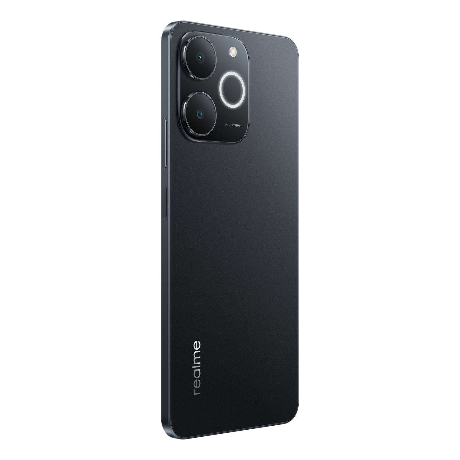 Un teléfono inteligente negro con tres lentes de cámara y un flash. La parte trasera del teléfono es visible, con el logo de Realme.