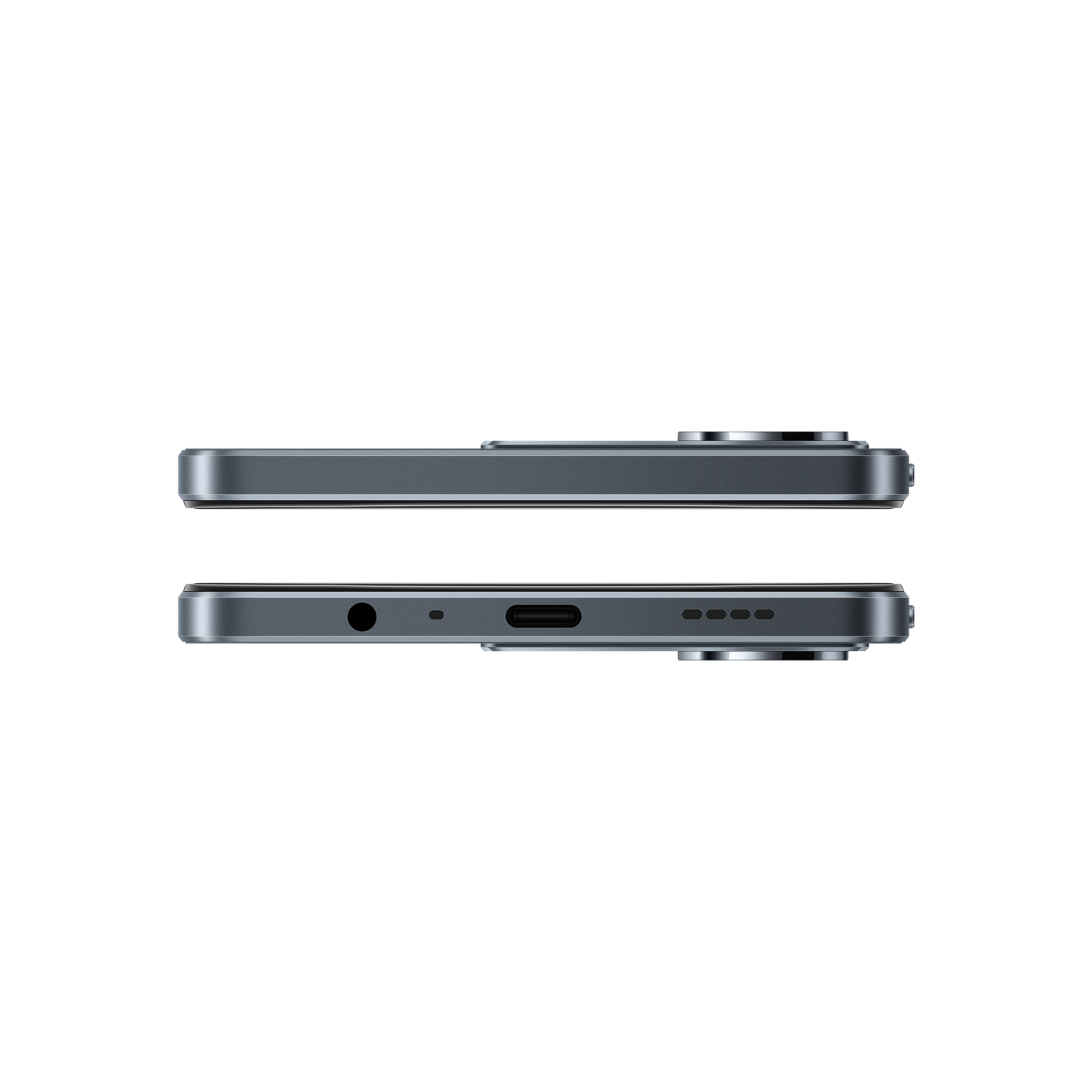Dos smartphones grises uno al lado del otro. Uno muestra la parte superior, el otro la inferior con puertos, botones y detalles de la cámara, sobre fondo gris.