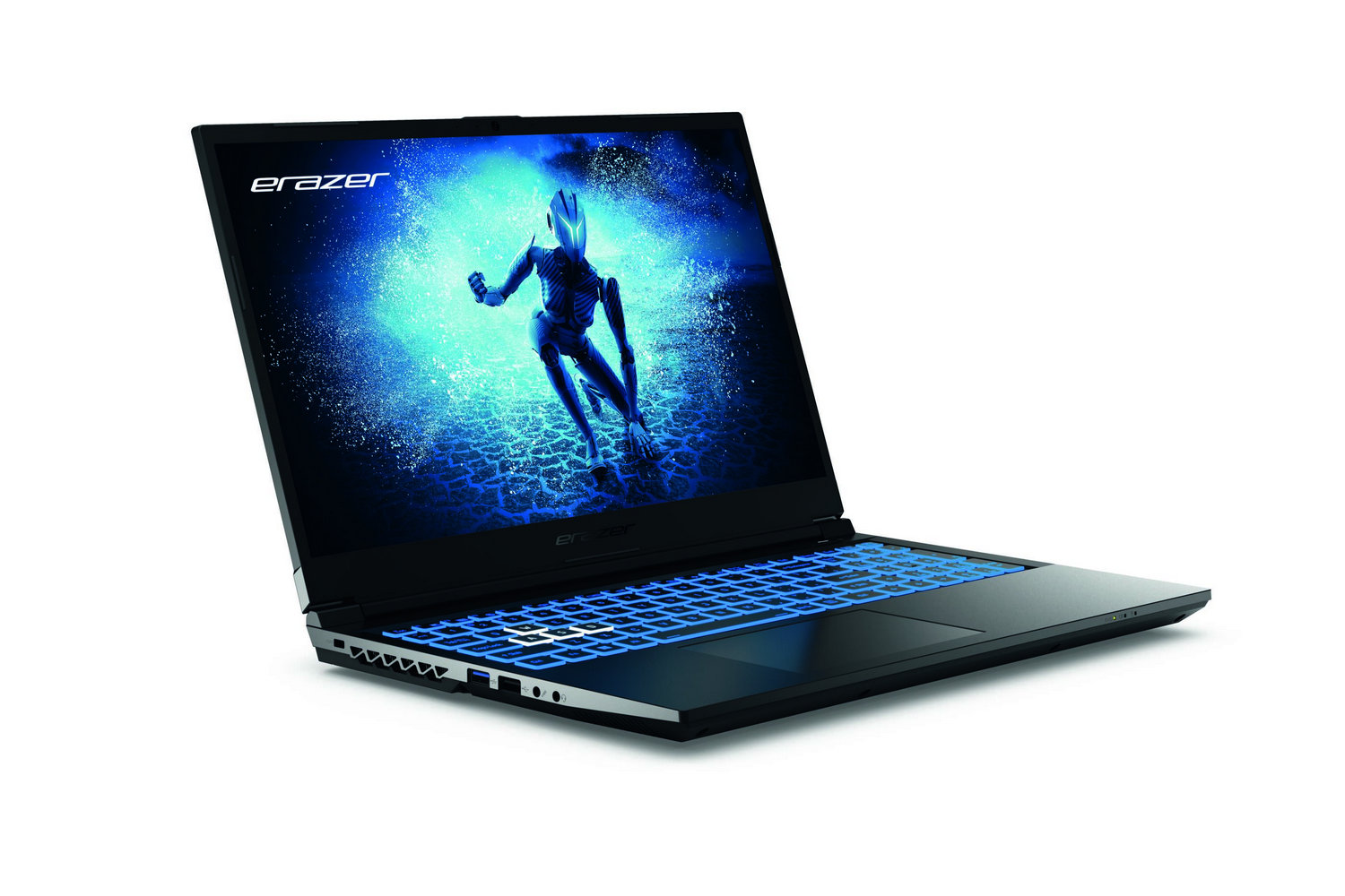 Una computadora portátil negra está abierta, la pantalla muestra una imagen en tonos azules de una figura. El teclado está iluminado en azul.