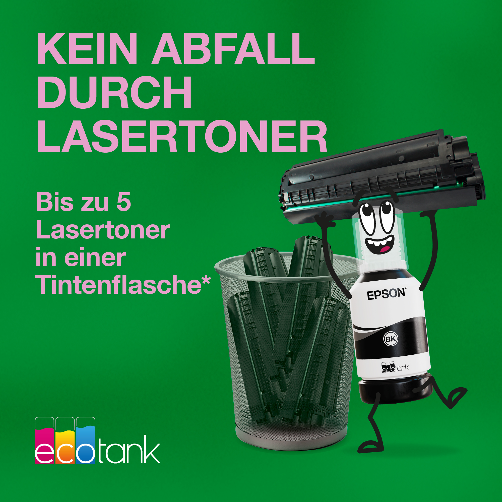 Eine Epson-Tintenflasche-Figur hält eine Tonerkartusche über einem Mülleimer mit gebrauchten Kartuschen. Grüner Hintergrund.