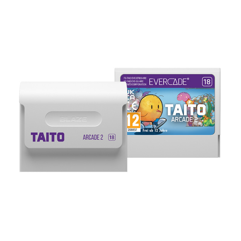 Dos cartuchos de juegos blancos. Uno muestra 'TAITO ARCADE 2'. El otro tiene una imagen del juego con un pájaro amarillo y el texto 'EVERCADE'.