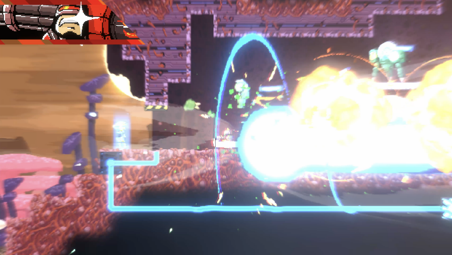 Una escena de videojuego pixelada. Un personaje dispara un arco de energía azul. El fondo presenta estructuras, un robot y explosiones.