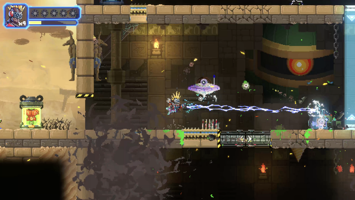Una escena de juego pixelada. Un personaje dispara rayos. En el fondo, una gran cabeza de robot, un OVNI y estatuas.