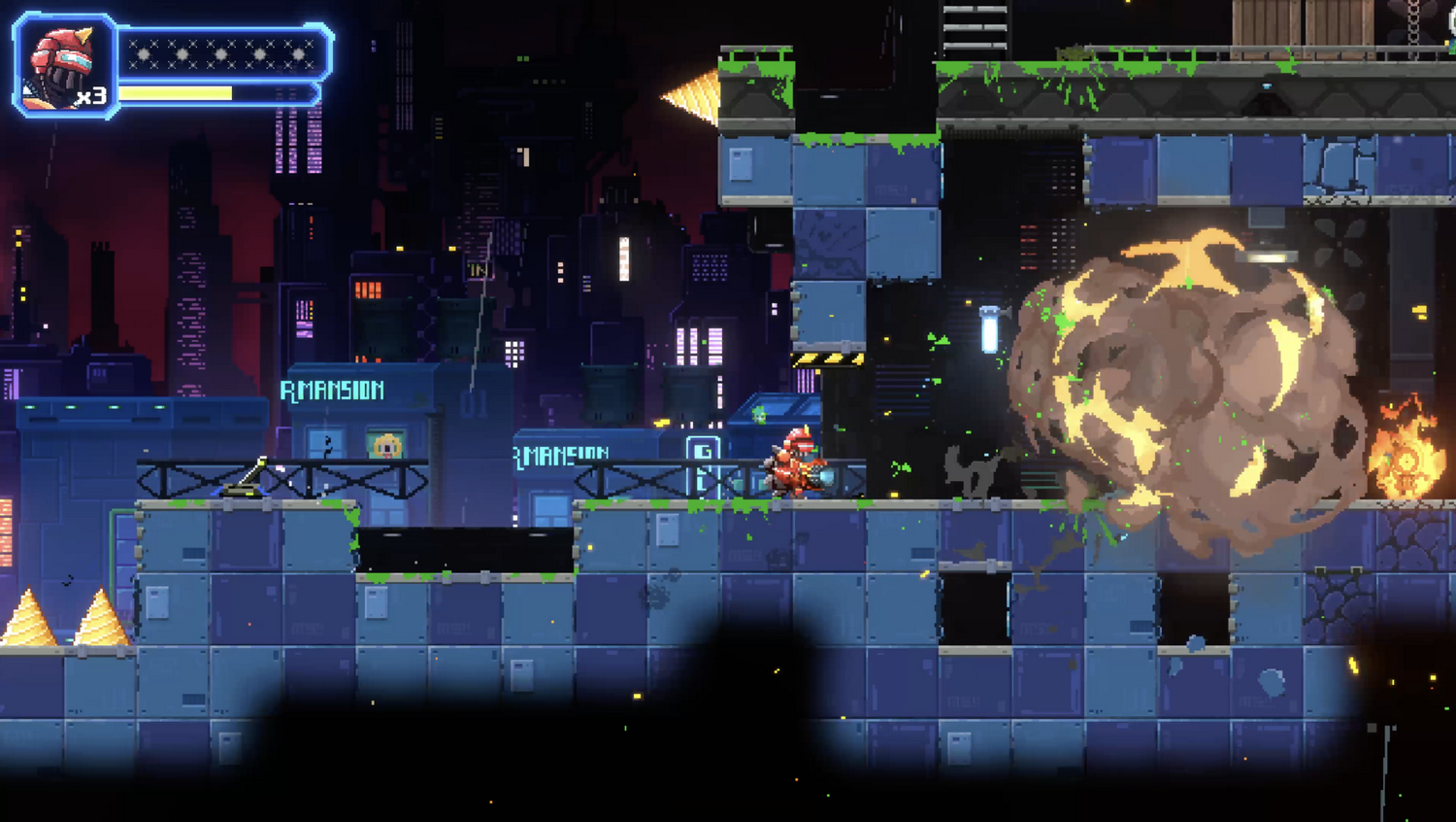 Escena de juego pixelada con un personaje disparando una gran explosión. Edificios y cielo nocturno al fondo.