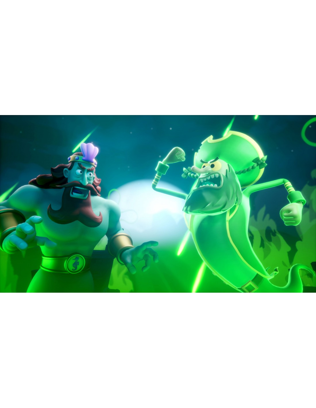 Dos personajes de dibujos animados en una escena con luz verde. Uno, un rey, se enfrenta a un fantasma pirata verde. Ambos tienen expresiones de enojo, y la energía verde los rodea.