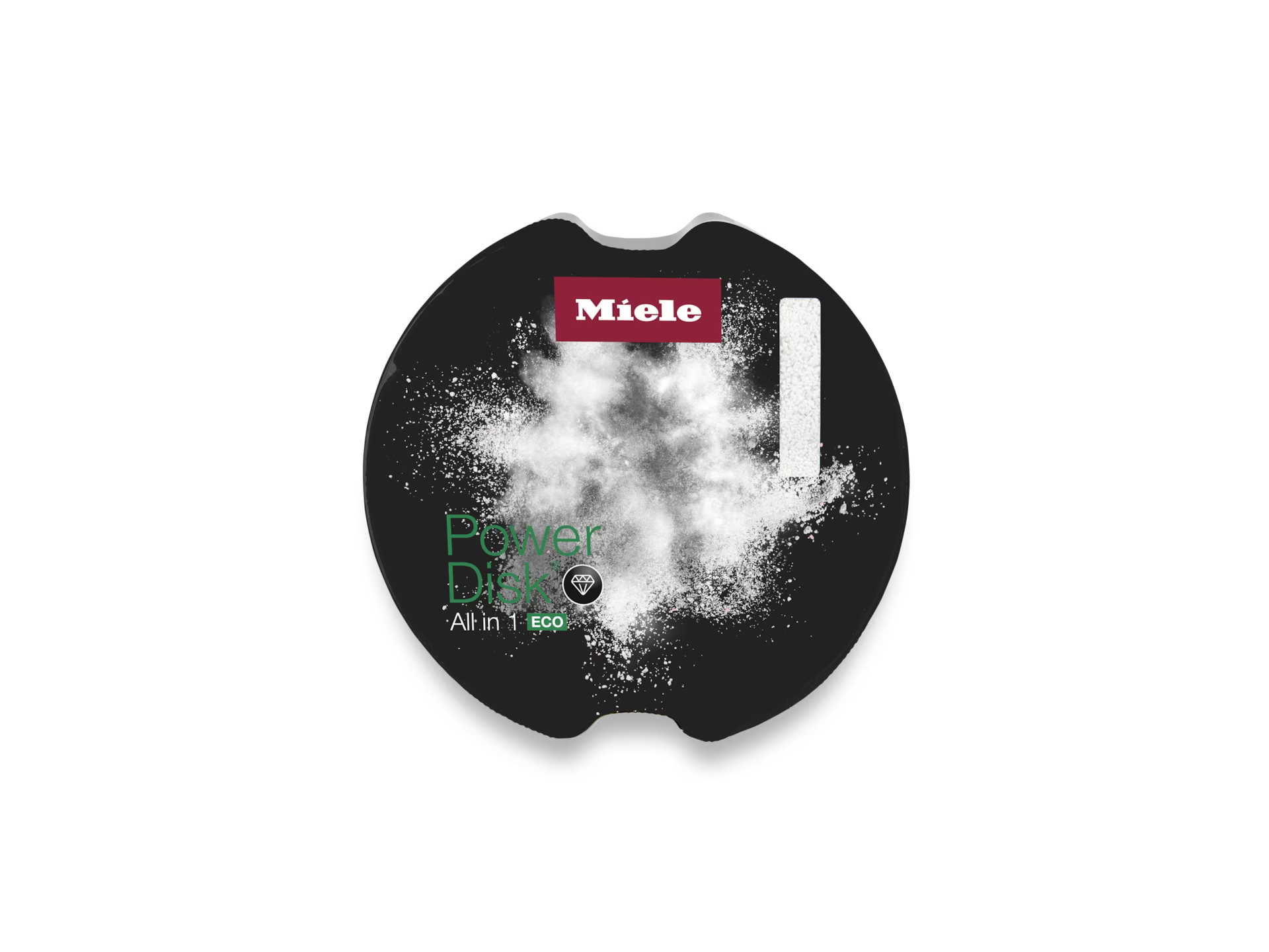Eine schwarze, kreisförmige Miele PowerDisk-Verpackung mit weißem Pulver und Logo. Der Hintergrund ist schwarz.