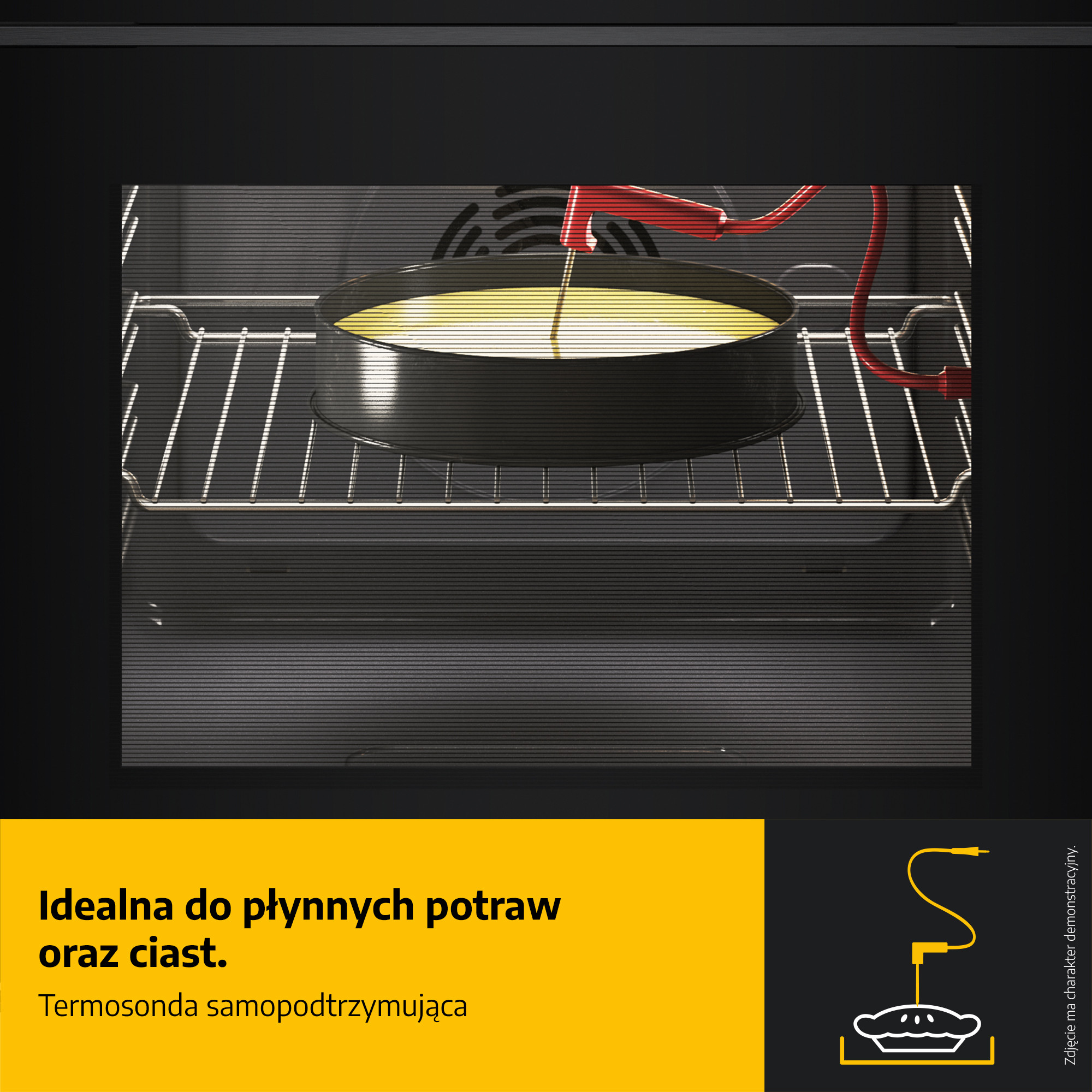 Piekarnik z ciastem w środku. Czerwona sonda włożona w ciasto. Piekarnik jest czarny, na dole żółty tekst.