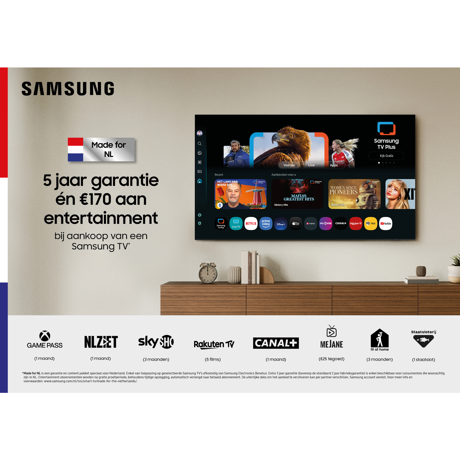 Samsung TV met scherm met content, promotie voor 5 jaar garantie en entertainment. Logo's van streamingdiensten worden getoond.