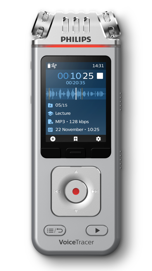 Srebrny dyktafon Philips VoiceTracer. Posiada ekran wyświetlający informacje o nagrywaniu i widoczny czerwony przycisk nagrywania.
