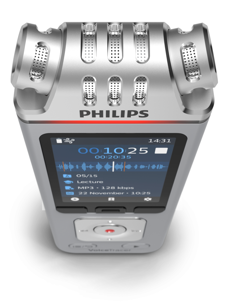 Srebrny cyfrowy rejestrator Philips VoiceTracer. Ma ekran wyświetlający czas nagrywania i ustawienia. U góry znajdują się mikrofony i logo Philips.