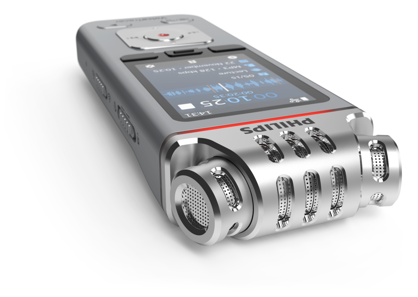 Srebrny dyktafon Philips na czarnym tle. Ma ekran z informacjami o nagrywaniu i mikrofon.